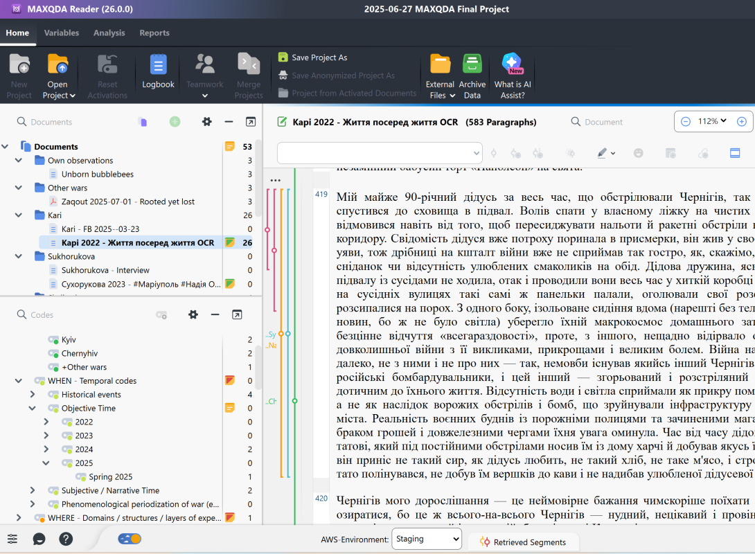 The Stayer by Ilami Yasna - Coding Ukrainian Wartime Diaries in MAXQDA